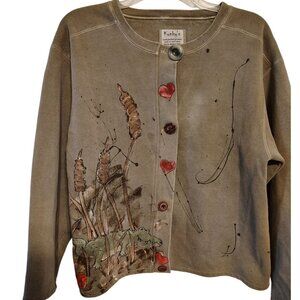 Kunky's Handpainted Large, X-Large Button Front Sweatshirt, Aligator Cattails